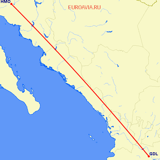 перелет Гуадалахара — Хермосилльо на карте