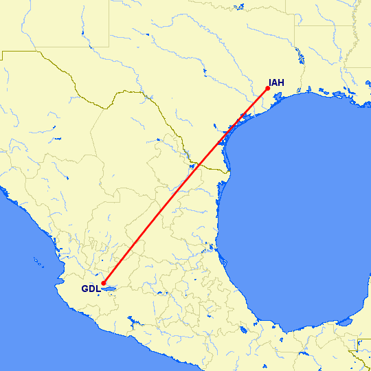 перелет Гуадалахара — Хьюстон на карте