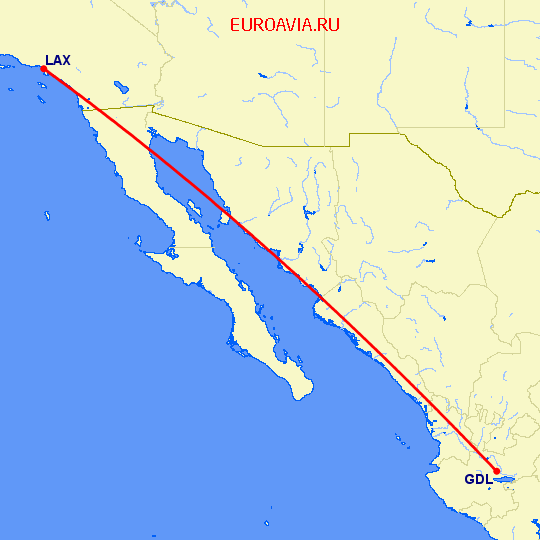 перелет Гуадалахара — Лос Анджелес на карте