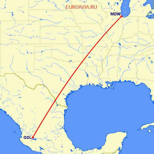 перелет Гуадалахара — Чикаго на карте
