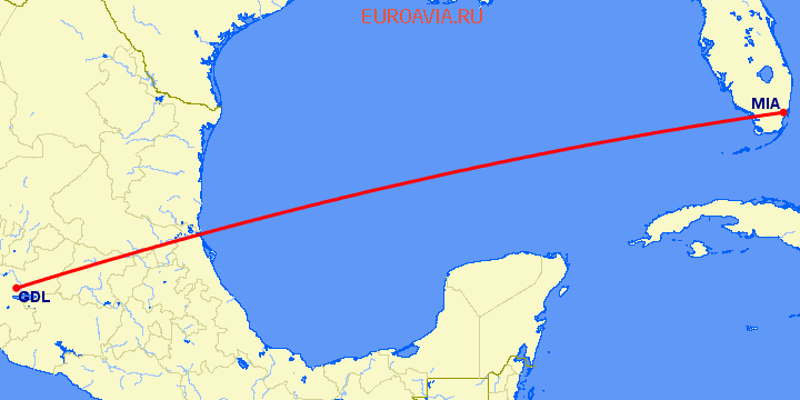 перелет Гуадалахара — Майами на карте