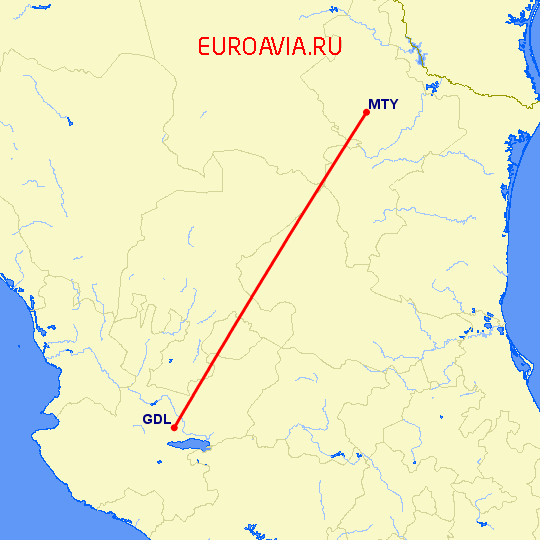 перелет Гуадалахара — Монтеррей на карте