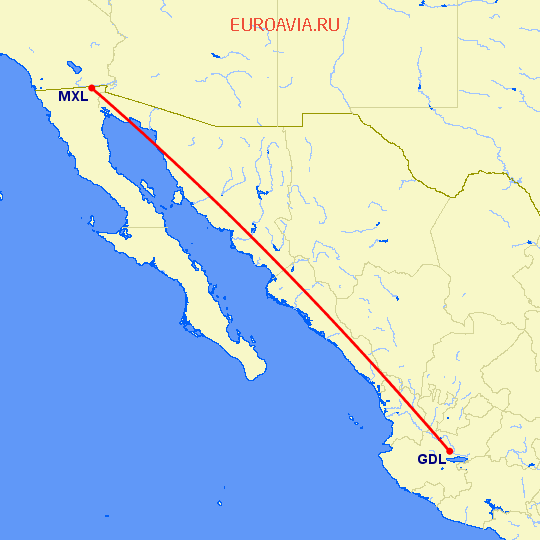 перелет Гуадалахара — Mexicali на карте