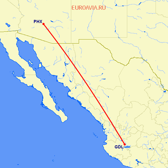 перелет Гуадалахара — Феникс на карте