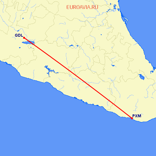 перелет Гуадалахара — Пуэрто Эскондидо на карте