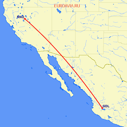 перелет Гуадалахара — Рино на карте