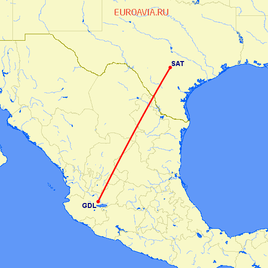 перелет Гуадалахара — Сан Антонио на карте