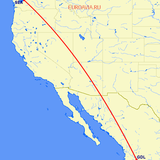 перелет Гуадалахара — Сиэтл на карте
