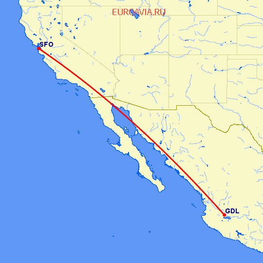 перелет Гуадалахара — Сан Франциско на карте