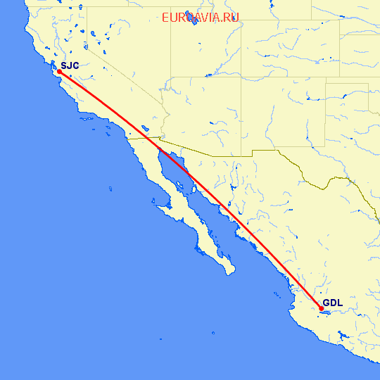 перелет Гуадалахара — Сан Хосе на карте