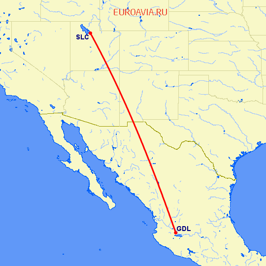 перелет Гуадалахара — Солт Лейк Сити на карте