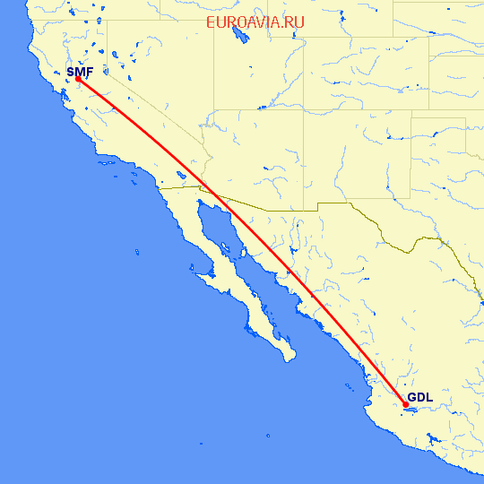перелет Гуадалахара — Сакраменто на карте