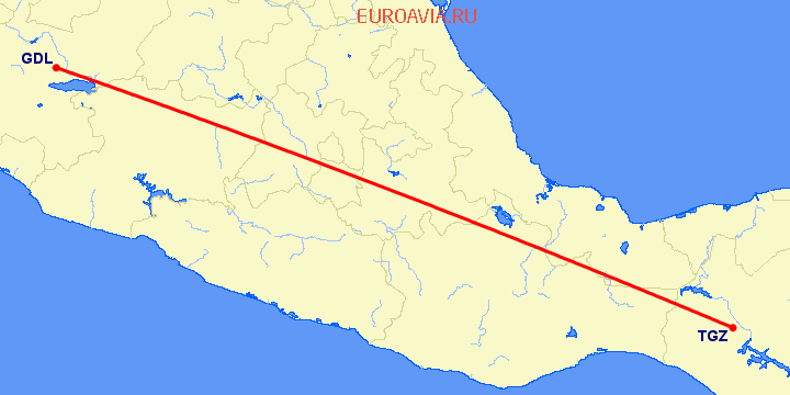 перелет Гуадалахара — Тухтла Гутьеррес на карте