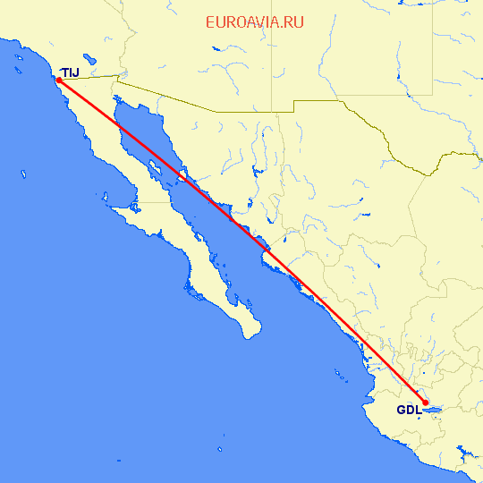 перелет Гуадалахара — Тихуана на карте