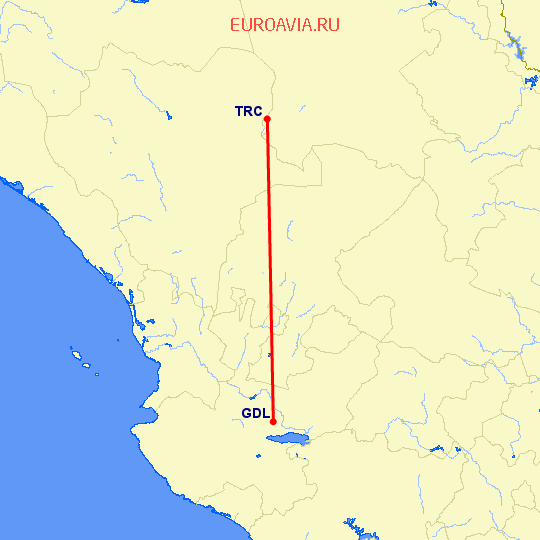 перелет Гуадалахара — Торреон на карте
