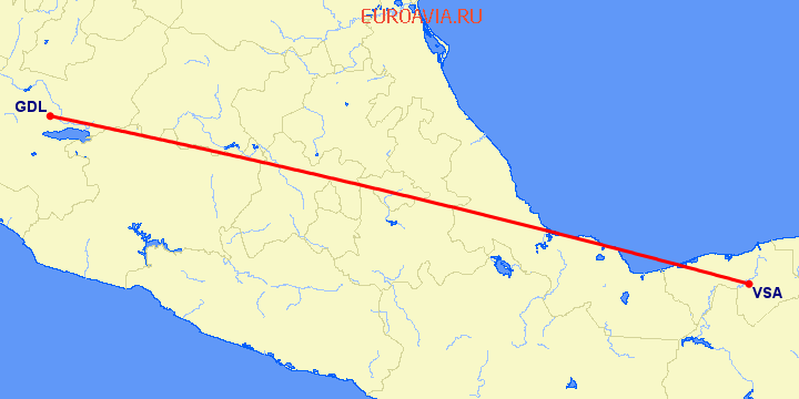 перелет Гуадалахара — Вийяхермоса на карте