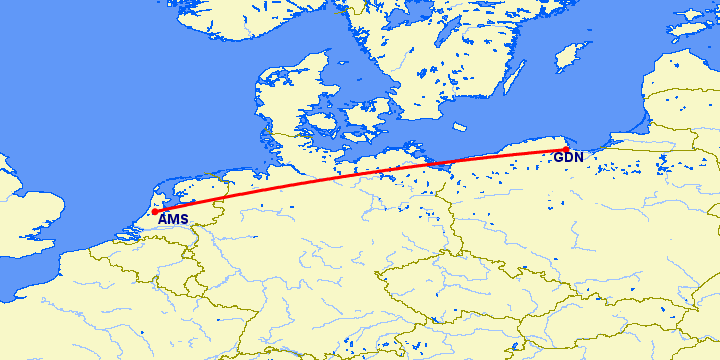 перелет Гданьск — Амстердам на карте