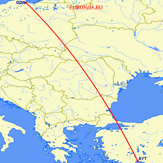 перелет Гданьск — Анталия на карте