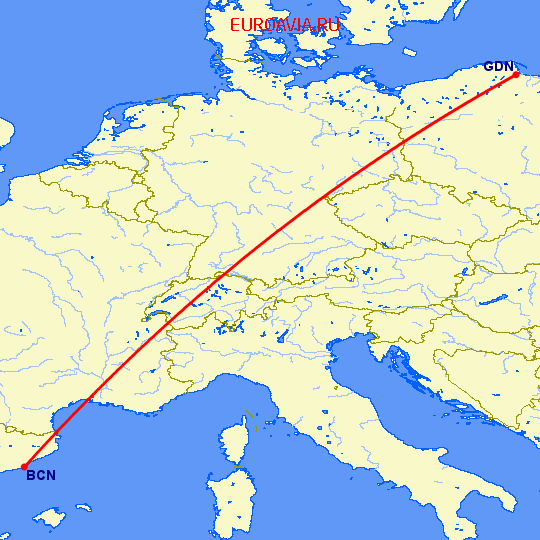 перелет Гданьск — Барселона на карте