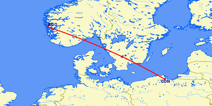 перелет Гданьск — Берген на карте