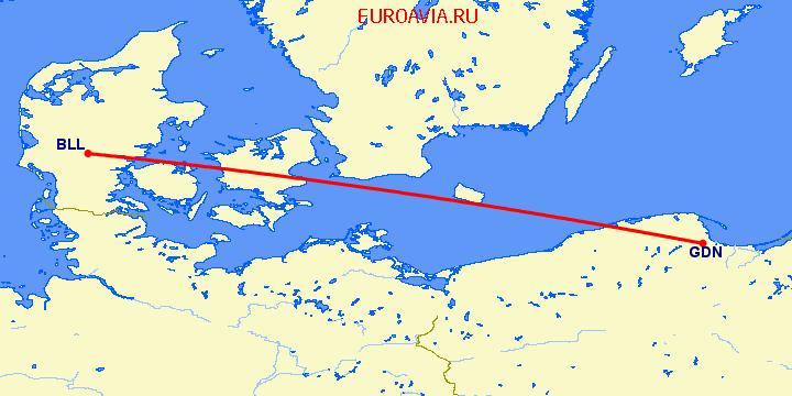 перелет Гданьск — Биллунд на карте