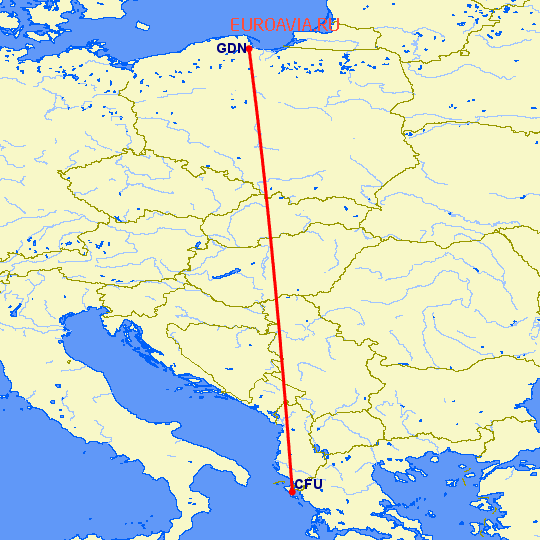 перелет Гданьск — Керкира на карте