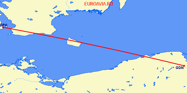 перелет Гданьск — Копенгаген на карте