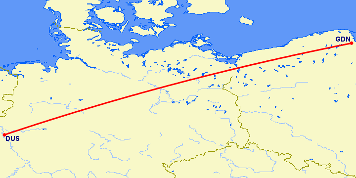 перелет Гданьск — Дюссельдорф на карте