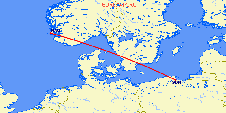 перелет Гданьск — Хаугезунд на карте