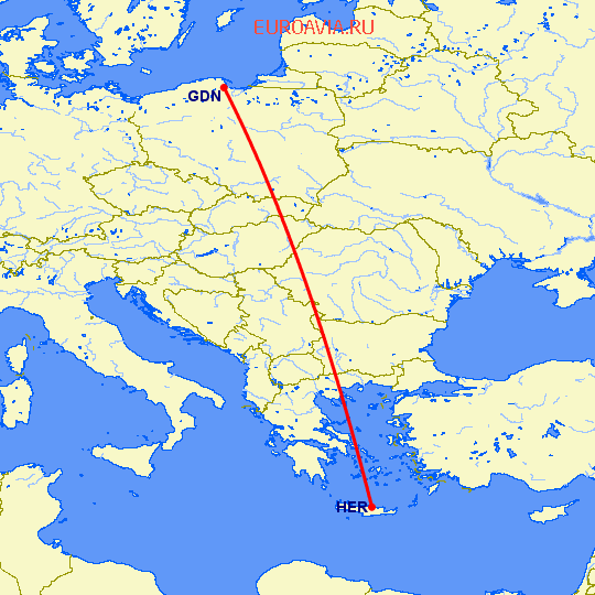 перелет Гданьск — Ираклион на карте