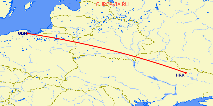 перелет Гданьск — Харьков на карте
