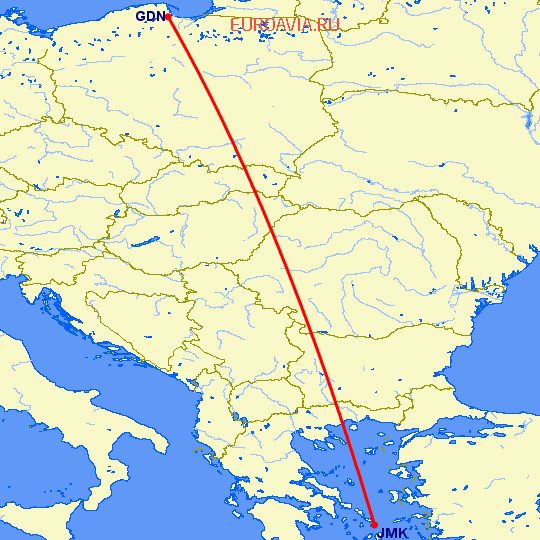 перелет Гданьск — Миконос на карте
