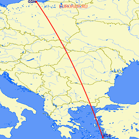перелет Гданьск — Кос на карте