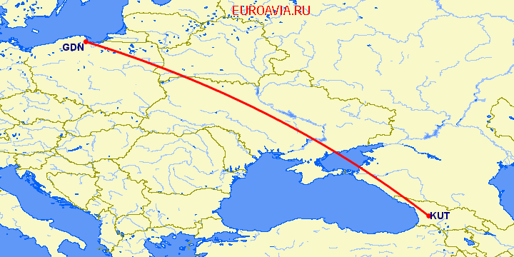 перелет Гданьск — Кутаиси на карте