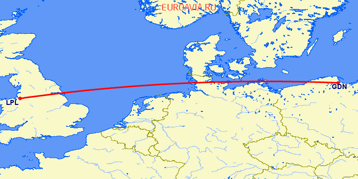 перелет Гданьск — Ливерпуль на карте
