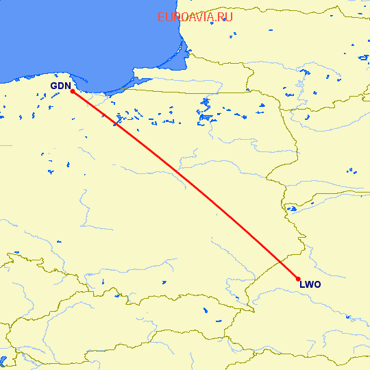 перелет Гданьск — Львов на карте