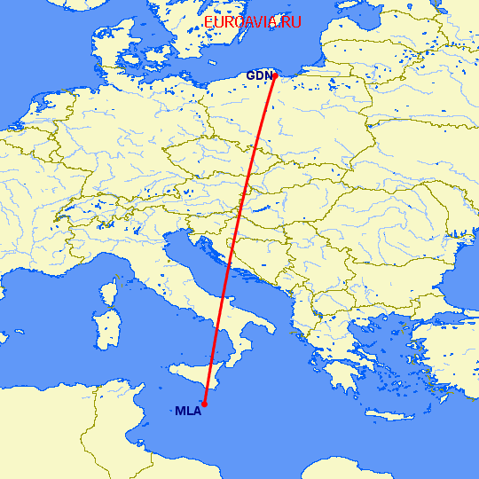 перелет Гданьск — Мальта на карте