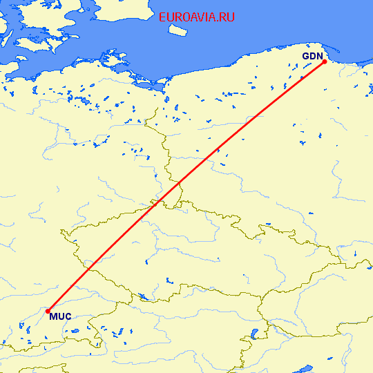 перелет Гданьск — Мюнхен на карте
