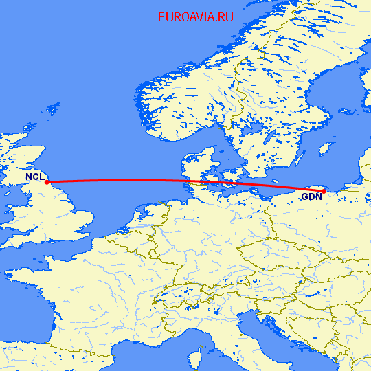перелет Гданьск — Ньюкасл на карте