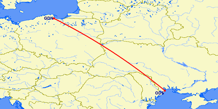 перелет Гданьск — Одесса на карте