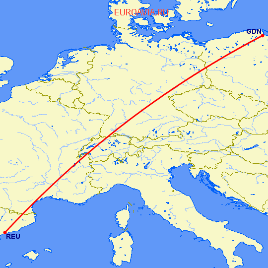 перелет Гданьск — Реус на карте
