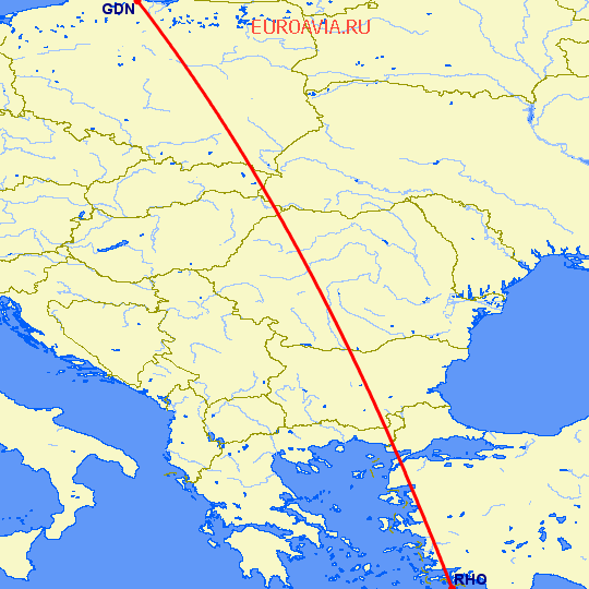 перелет Гданьск — Родос на карте