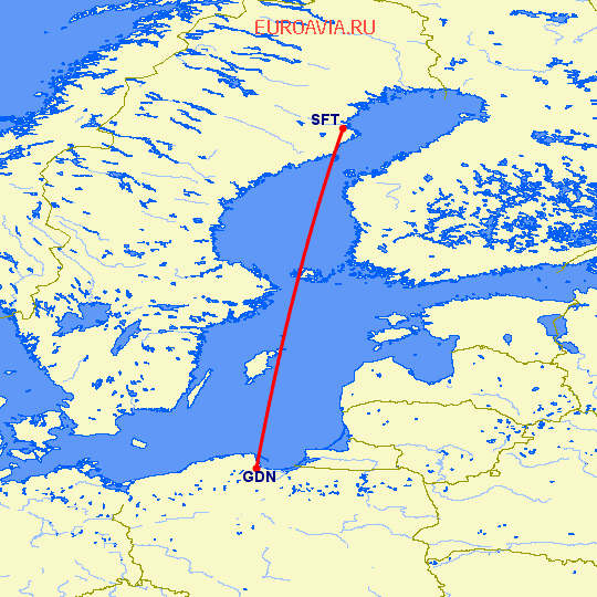 перелет Гданьск — Шеллефтео на карте