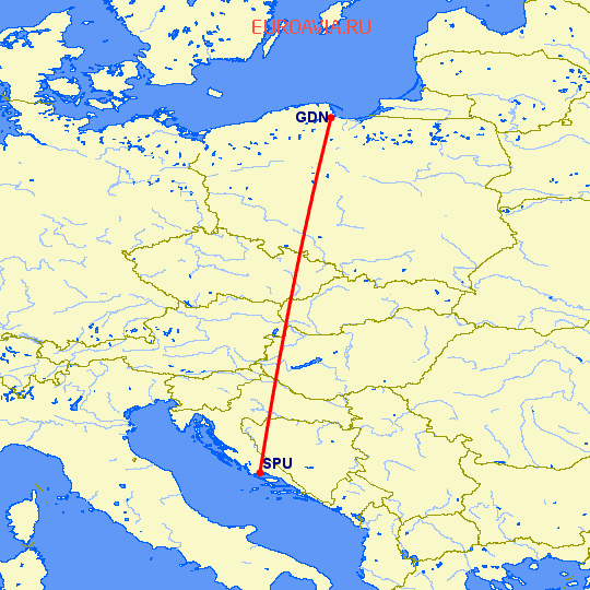 перелет Гданьск — Сплит на карте