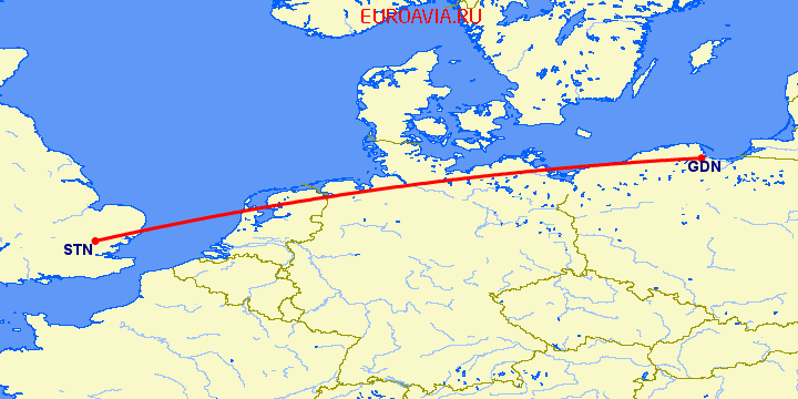 перелет Гданьск — Лондон на карте