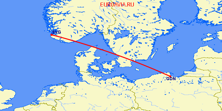 перелет Гданьск — Ставангер на карте