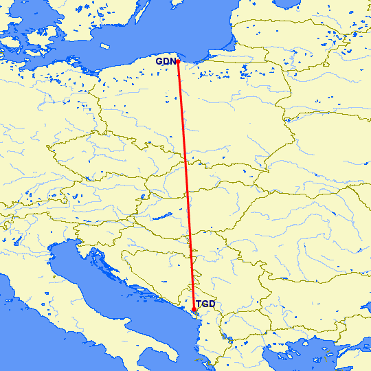 перелет Гданьск — Подгорица на карте