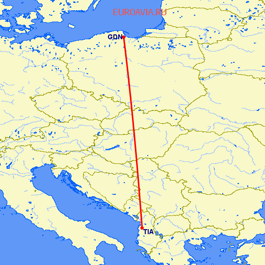 перелет Гданьск — Тирана на карте