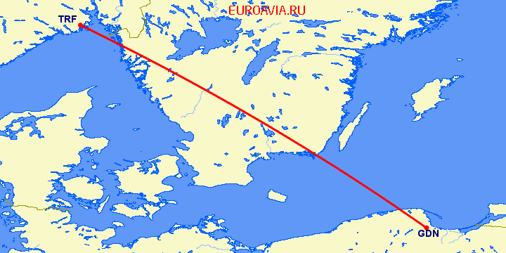перелет Гданьск — Осло Торп на карте