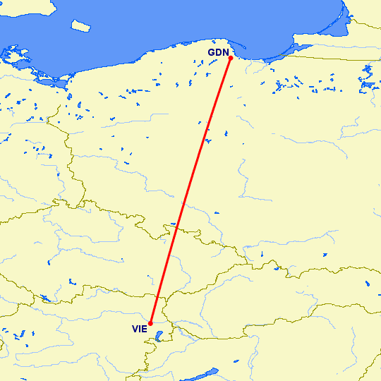 перелет Гданьск — Вена на карте